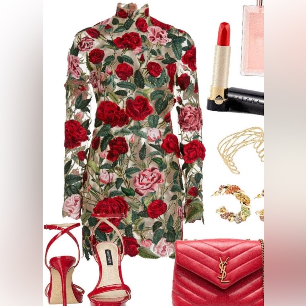 Floral Embroidered High Neck Mini Dress, (NOT Oscar de la Renta), Luxury Mini - Picture 4 of 14